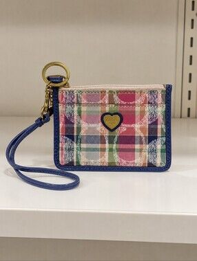 Coach Poppy Tartan Plaid Signature Mini Skinny ID Case / Lanyard Wallet Y2K